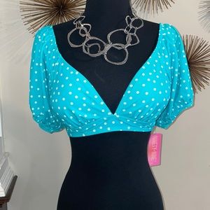 Juniors puff sleeve teal polka dot bikini top